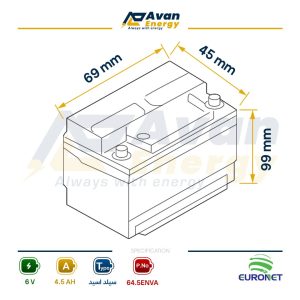 باتری سیلد اسید قابل شارژ 6 ولت 4.5 آمپرساعت یورونت - EURONET